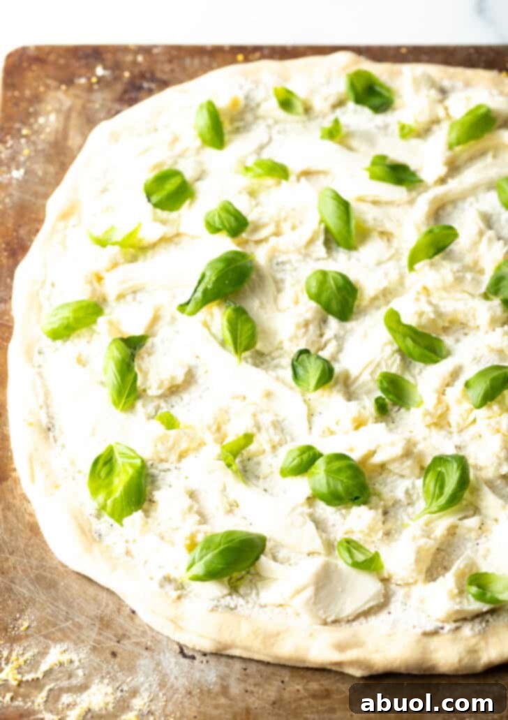 Unbaked pizza with white sauce and baby basil leaves.