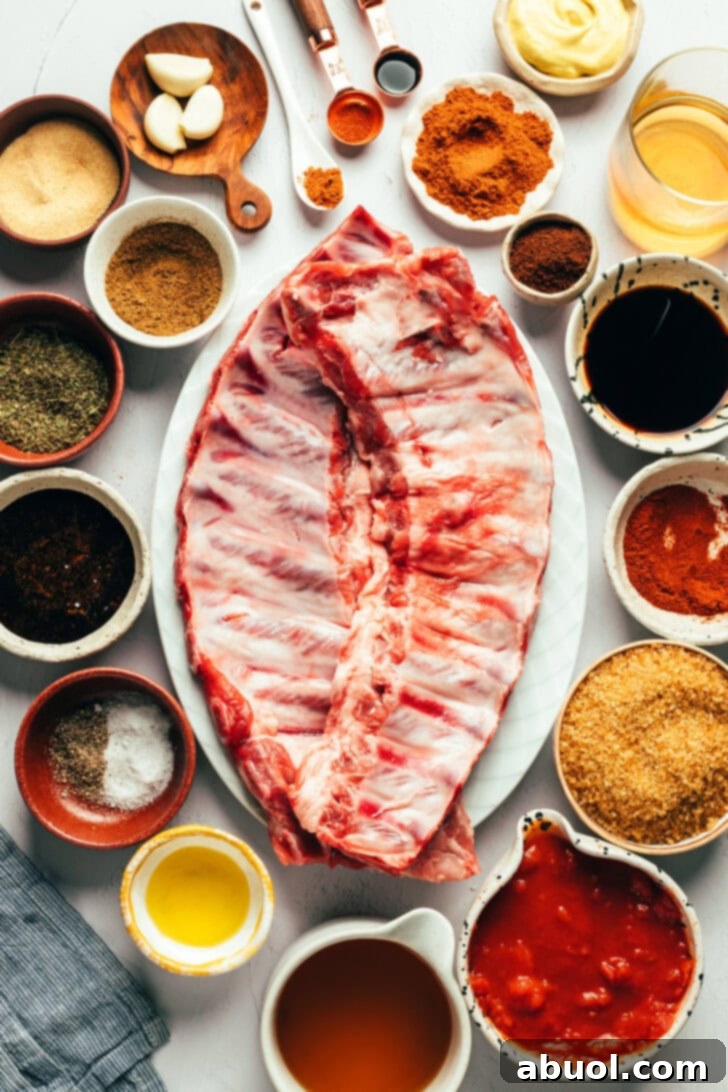 Baby Back Ribs Recipe with Coffee Bbq Sauce - ingredients arranged on counter