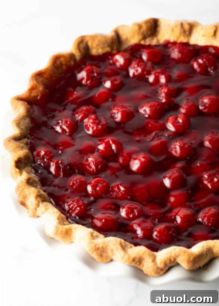 A vibrant cherry pie without a top crust, allowing the glistening red cherries and golden, textured pie edge to be admired.