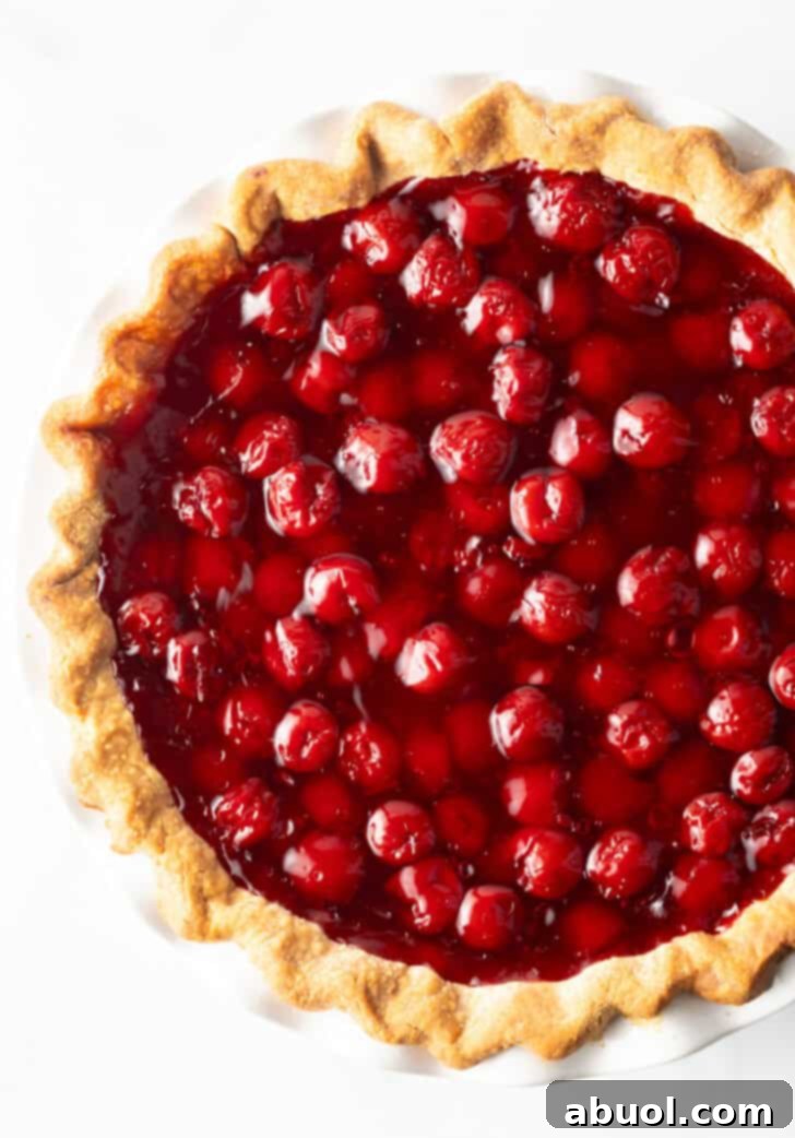 A top-down view of a cherry pie without a top crust, showcasing the glistening red cherries and golden, textured pie edge.