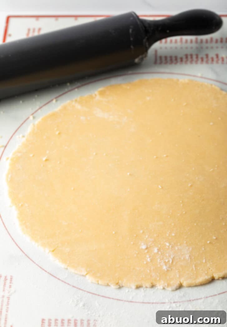 Pie dough rolled out evenly to fill a measurement circle on a pastry mat, indicating the correct diameter.