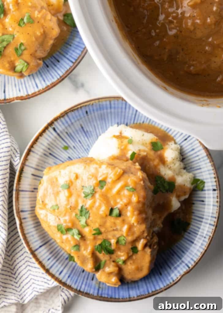 A large bone-in pork chop on a bed of mashed potatoes, topped with onion gravy and chopped parsley.