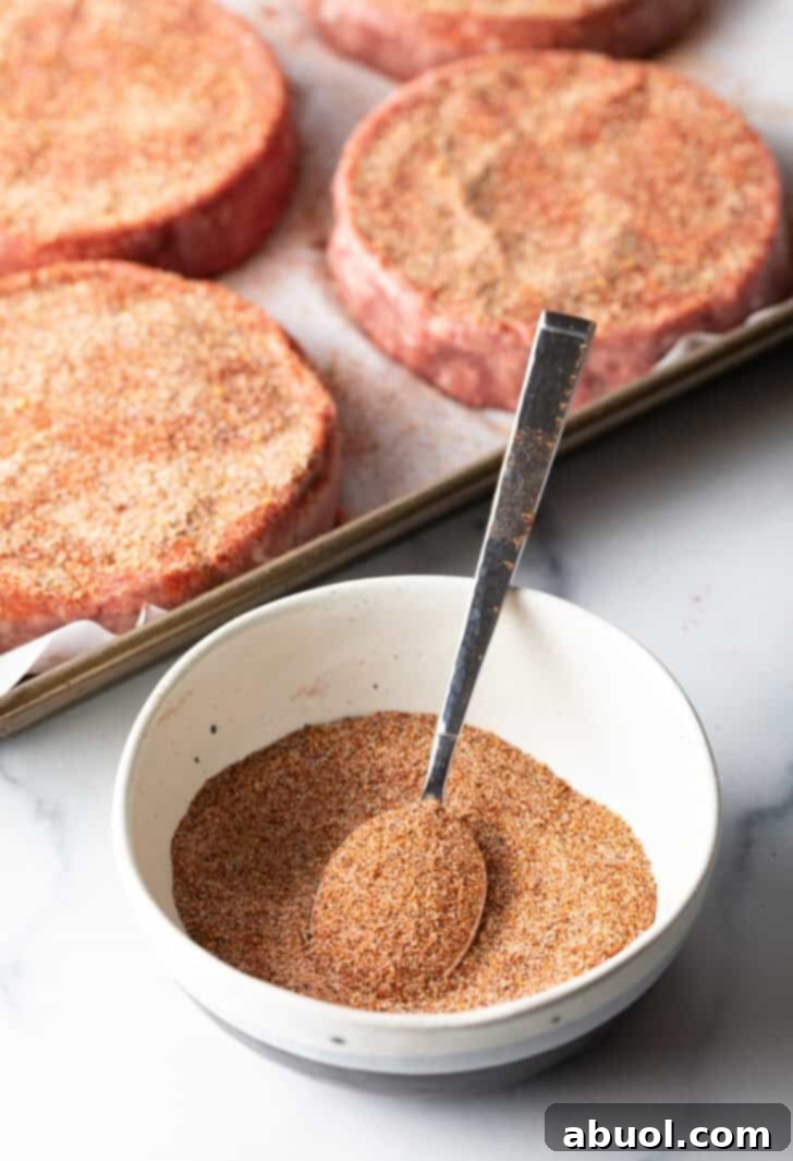 A white bowl filled with a rich, vibrant mixture of burger seasoning, with a spoon resting inside, ready to be used.
