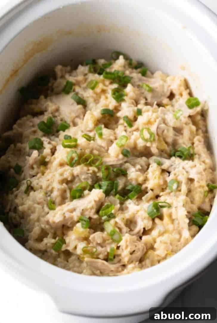 White crockpot with finished chicken and rice.