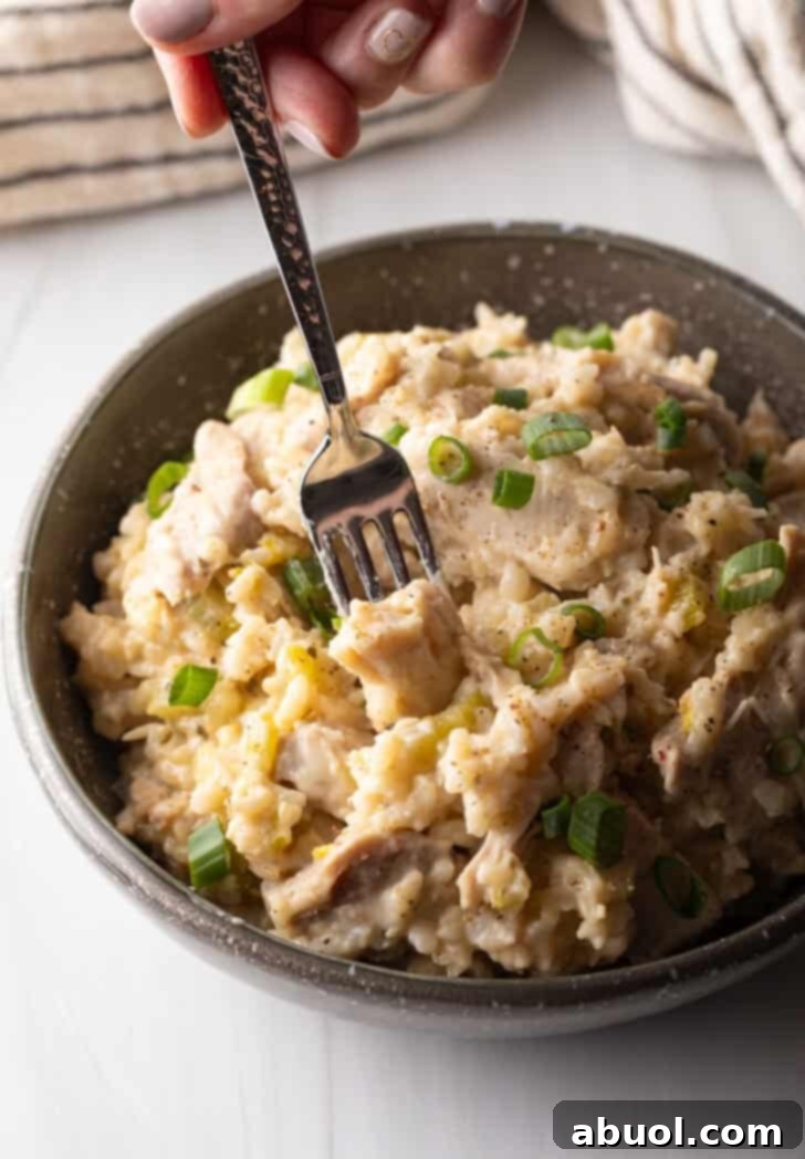 Chicken and rice in a black bowl with a fork.