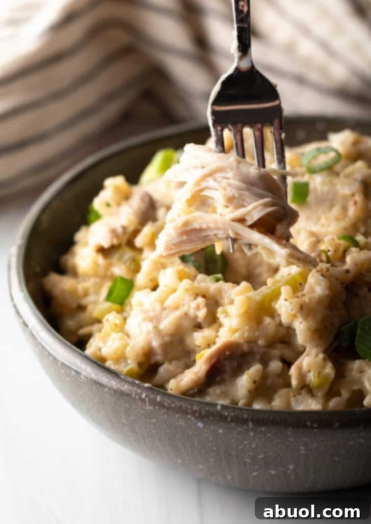 Chicken and rice in a black bowl with a fork.