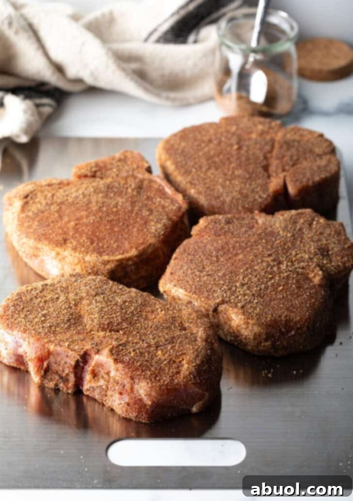 Four raw seasoned bone-in pork chops on a baking sheet.