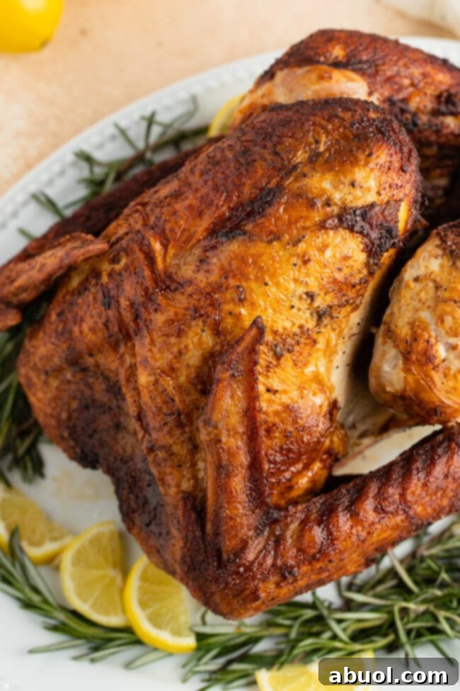 Golden brown deep-fried turkey resting on a platter, garnished with fresh herbs and lemon wedges, ready to be served.