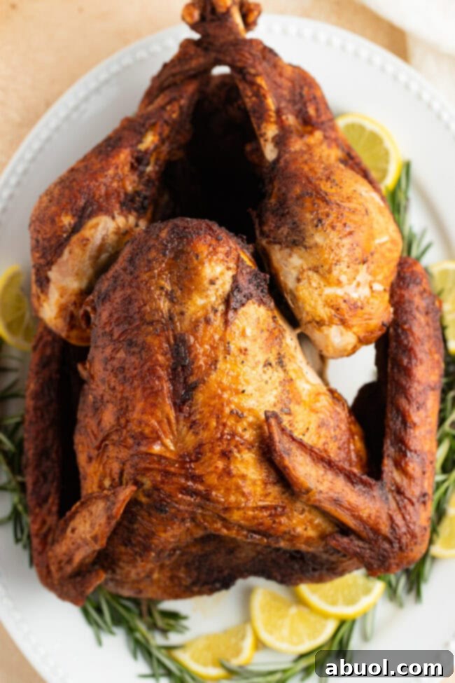 A perfectly fried turkey presented on a serving platter, adorned with fresh rosemary and lemon slices, highlighting its golden-brown, crispy skin.