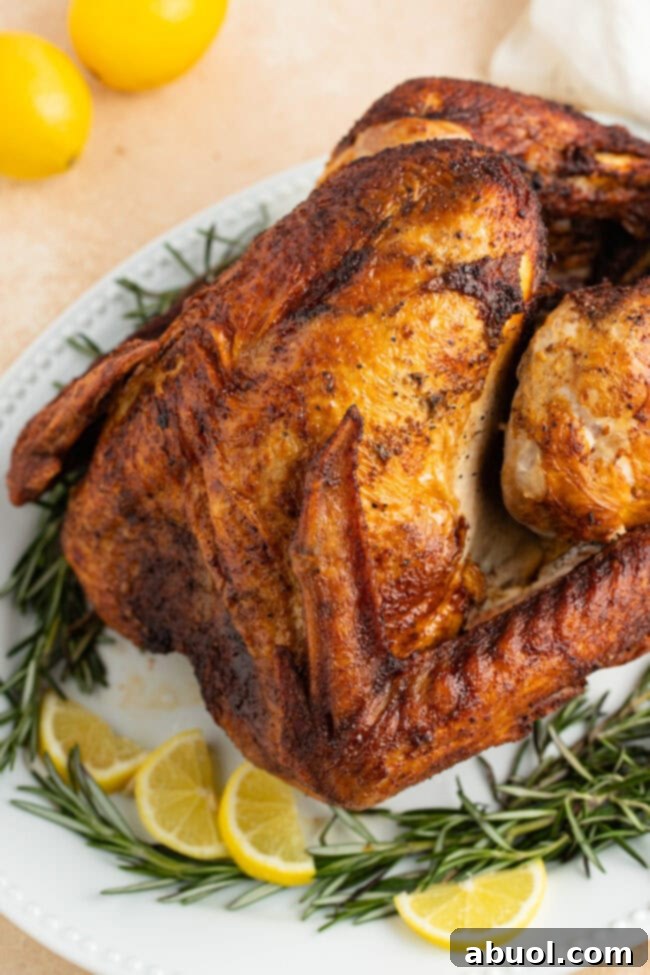 A magnificent deep-fried turkey served on a large platter, garnished with fresh herbs and citrus, ready for carving and enjoying.
