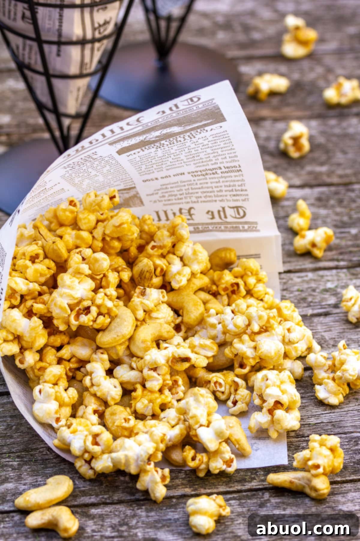 Perfectly Coated Caramel Popcorn Homemade caramel popcorn presented in a charming paper cone, close-up shot revealing delicious details.