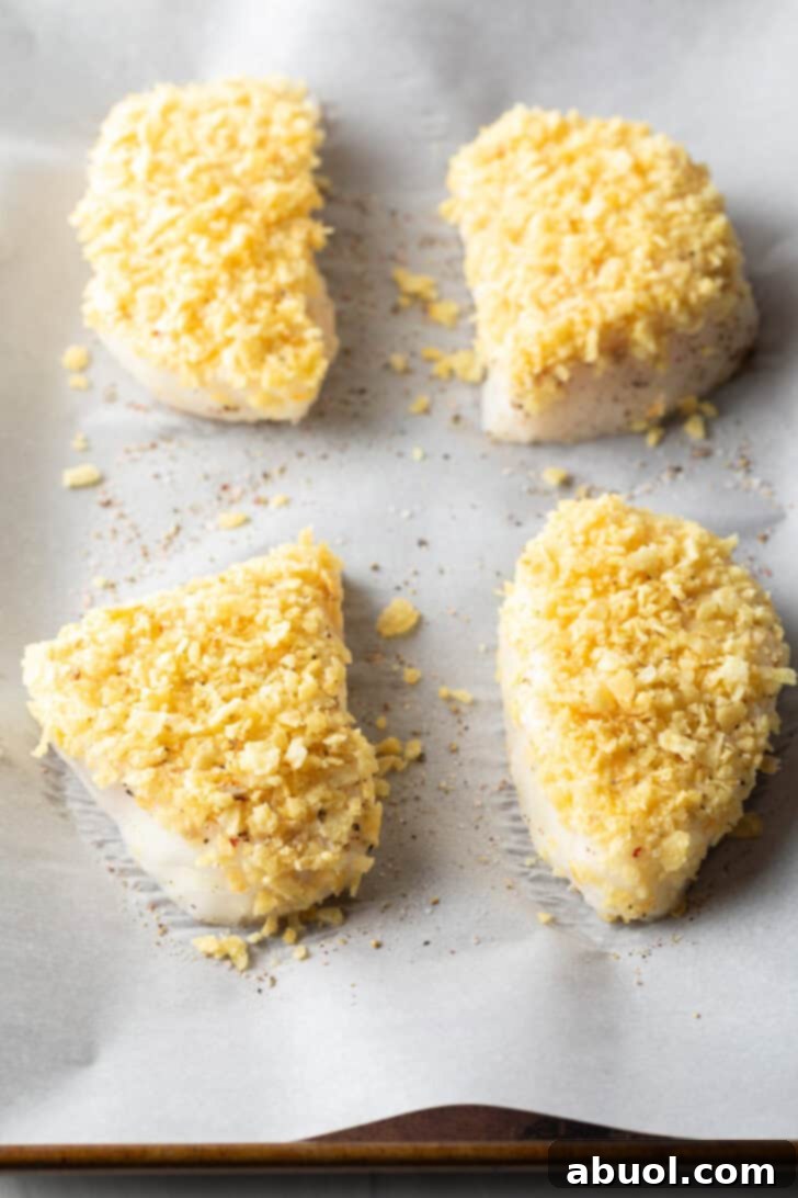 Four beautifully crusted fish fillets, generously coated in crushed potato chips, arranged neatly on a parchment-lined baking sheet, ready to be transferred to the oven for baking.