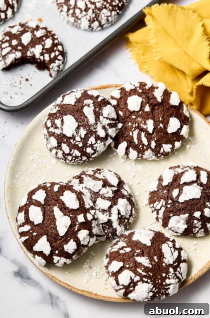 Mexican Crinkle Cookies Recipe - cookies spread out on plate with more chocolate cookies in the background