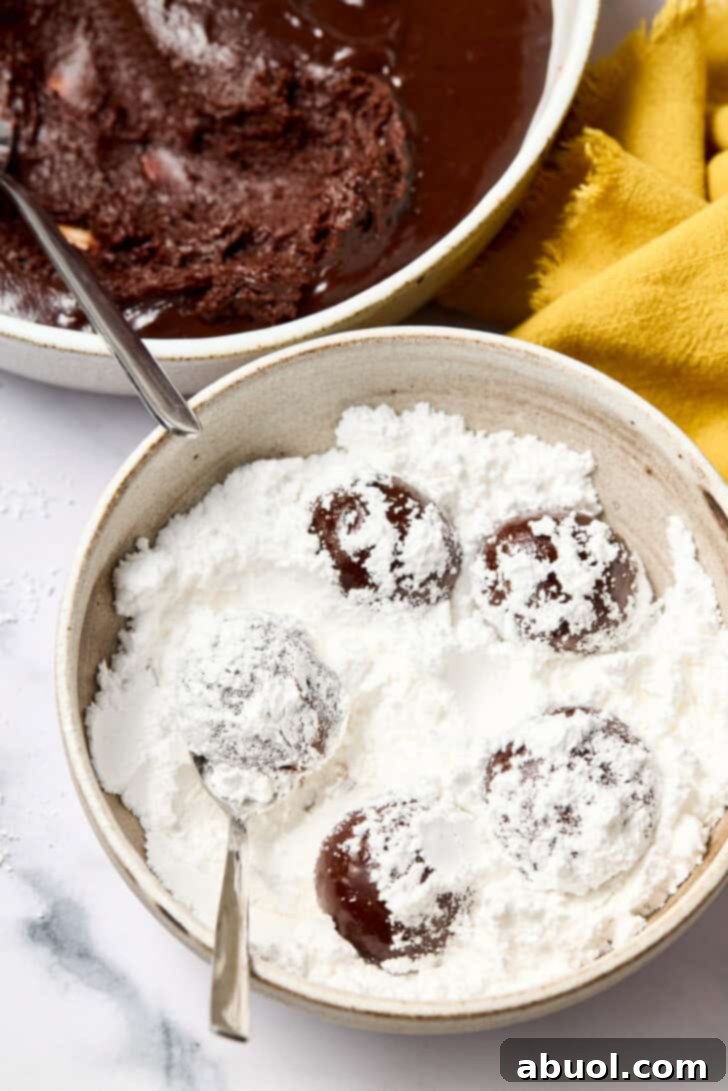 Mexican Crinkle Cookies dough balls rolled in powdered sugar