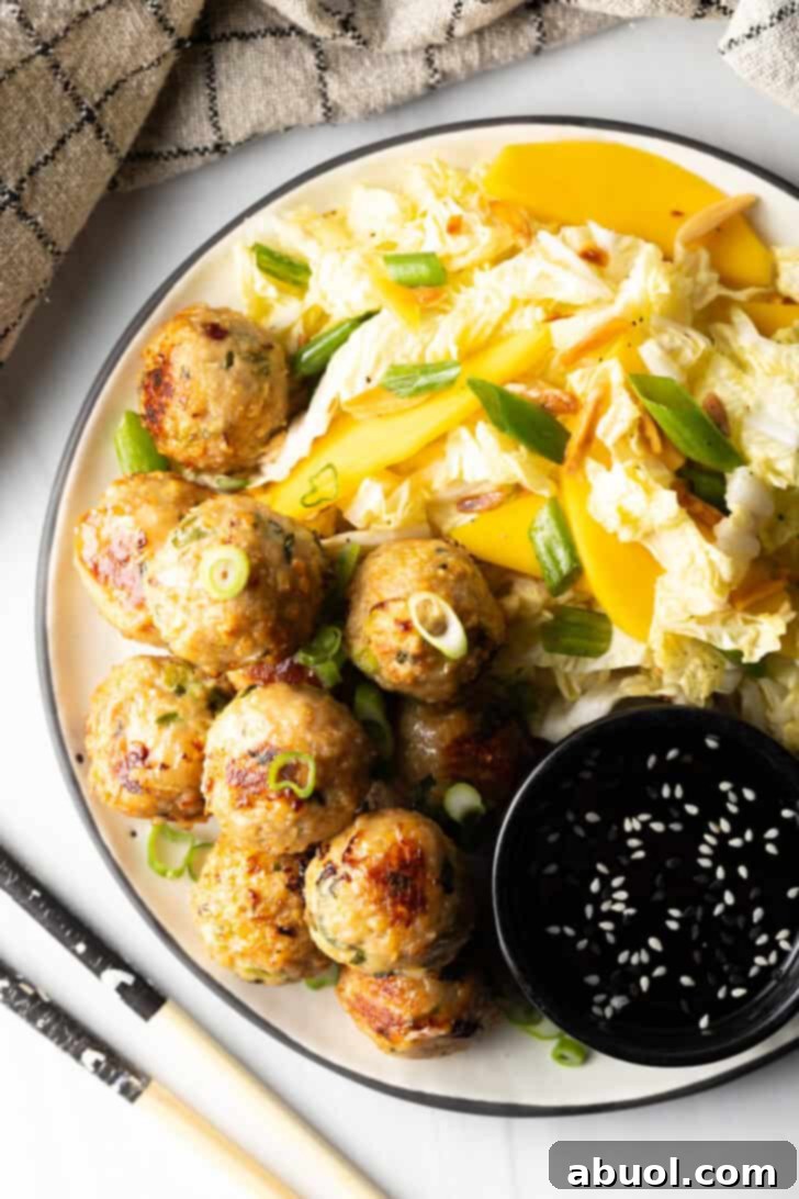 A top-down view of a plate featuring half a serving of Thai turkey meatballs and half a refreshing chopped Asian salad, accompanied by a small black ramekin of dipping sauce.