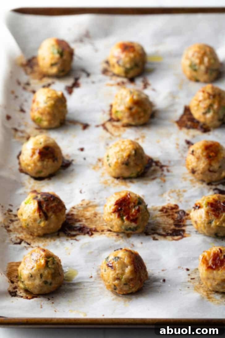 Fifteen beautifully baked, golden-brown turkey meatballs fresh out of the oven, still on the baking sheet.