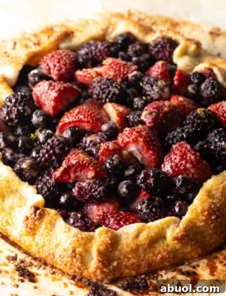 Freshly baked crostata, hot from the oven, with blueberries, blackberries, and strawberries nestled in a golden, flaky crust.