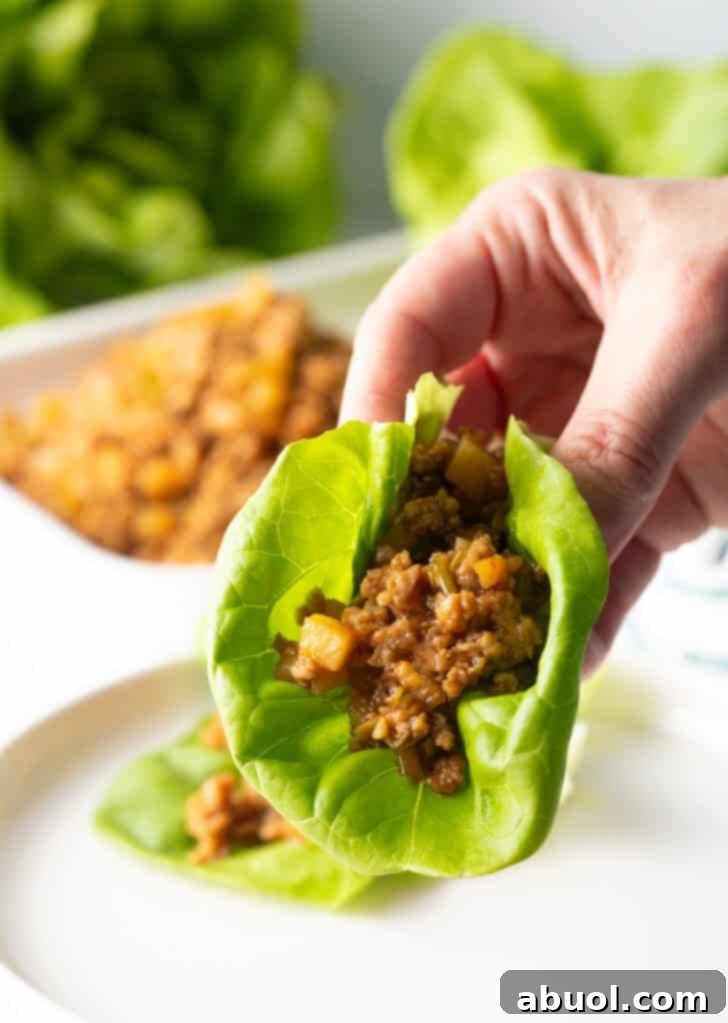 Hand holding a fresh, savory PF Chang copycat lettuce wrap filled with ground chicken and crisp vegetables.