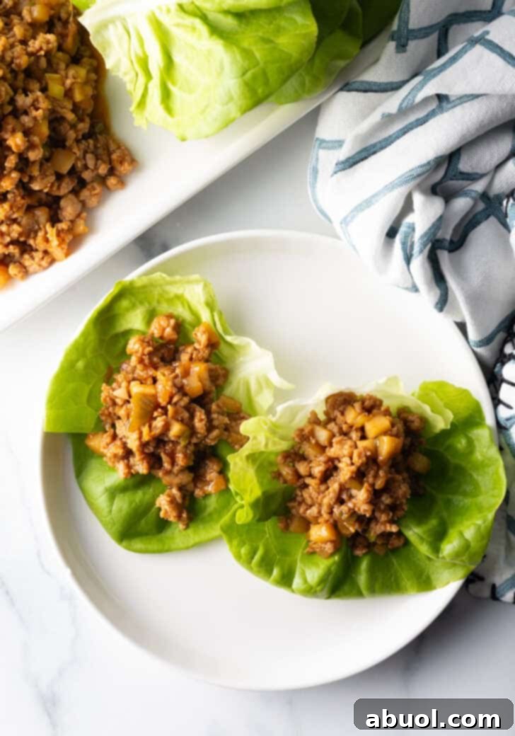 Two perfectly arranged PF Chang copycat lettuce wraps, generously filled with savory ground chicken meat, presented on a pristine white round plate, showcasing their inviting appeal.