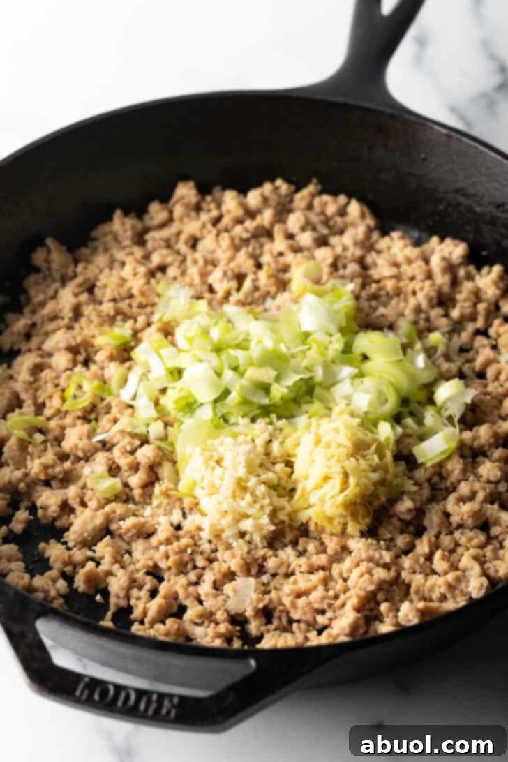 Browned ground chicken mixed with sautéed aromatics (green onions, garlic, ginger) in a cast iron skillet, filling the air with a fragrant aroma.