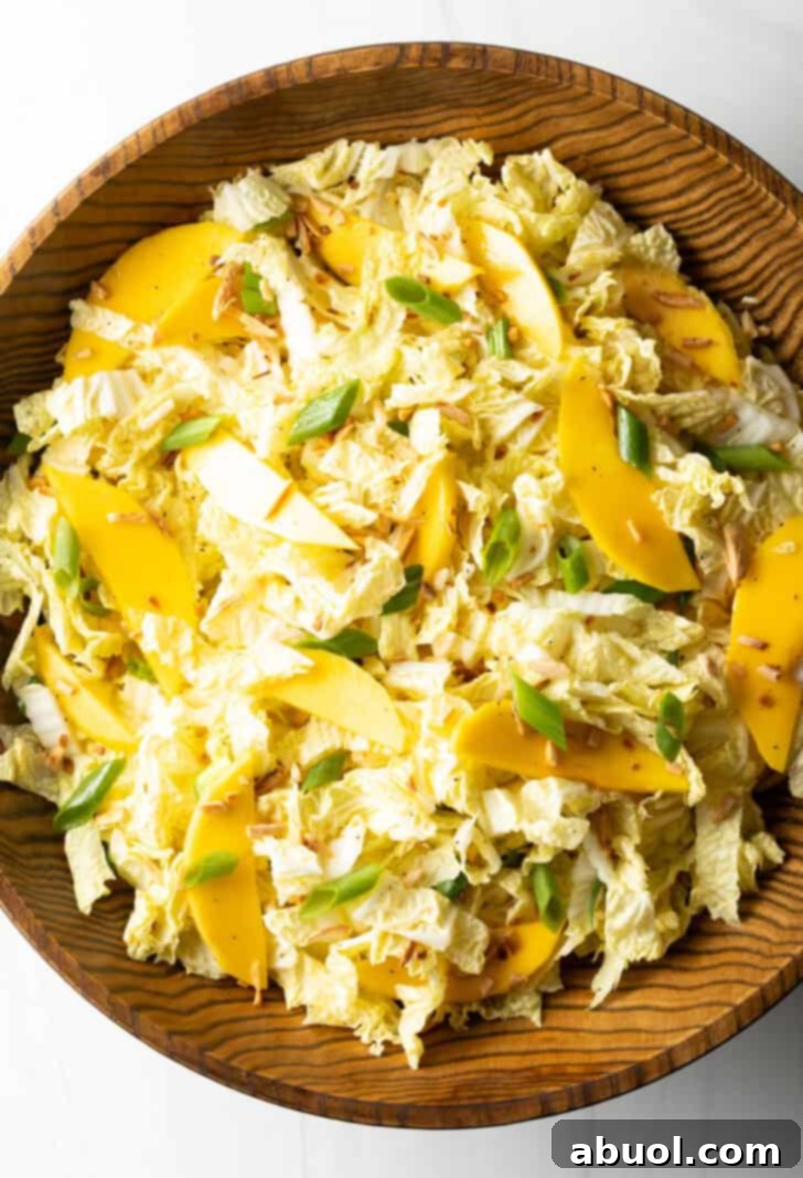 Top down view wood bowl with vibrant green napa cabbage, succulent mango slices, and fresh green onions, ready to be served.
