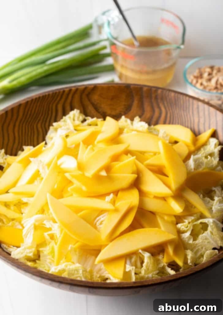 Exquisite slices of ripe mango elegantly arranged on top of the bed of shredded napa cabbage in a wood bowl, adding tropical sweetness.