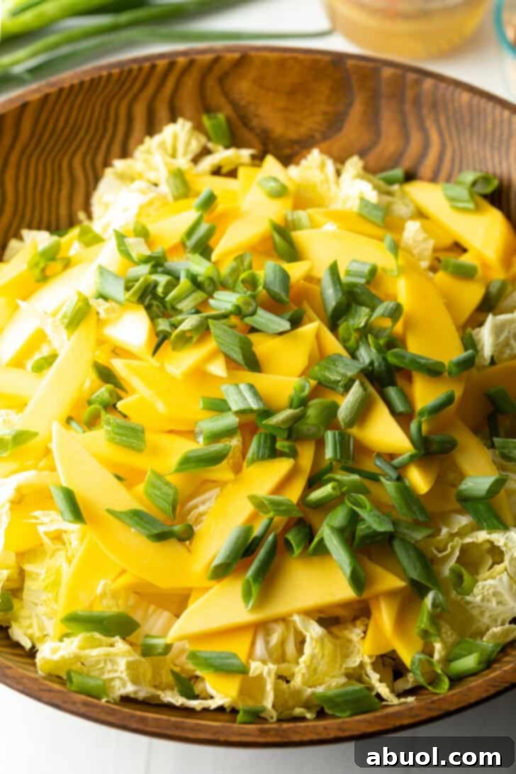 A vibrant bowl featuring a colorful medley of shredded cabbage, thinly sliced green onions, and succulent slices of mango, creating a visually appealing foundation.
