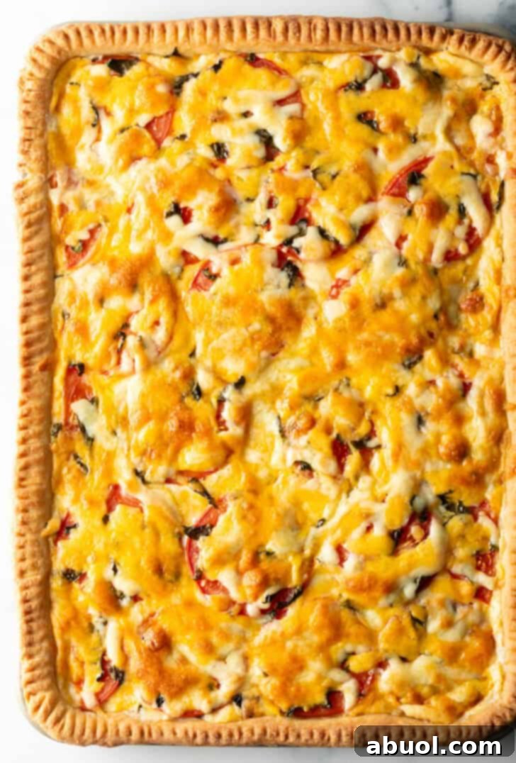 Fresh Garden Tomato Tart 12 Top down view large baked rectangle tomato slab pie.