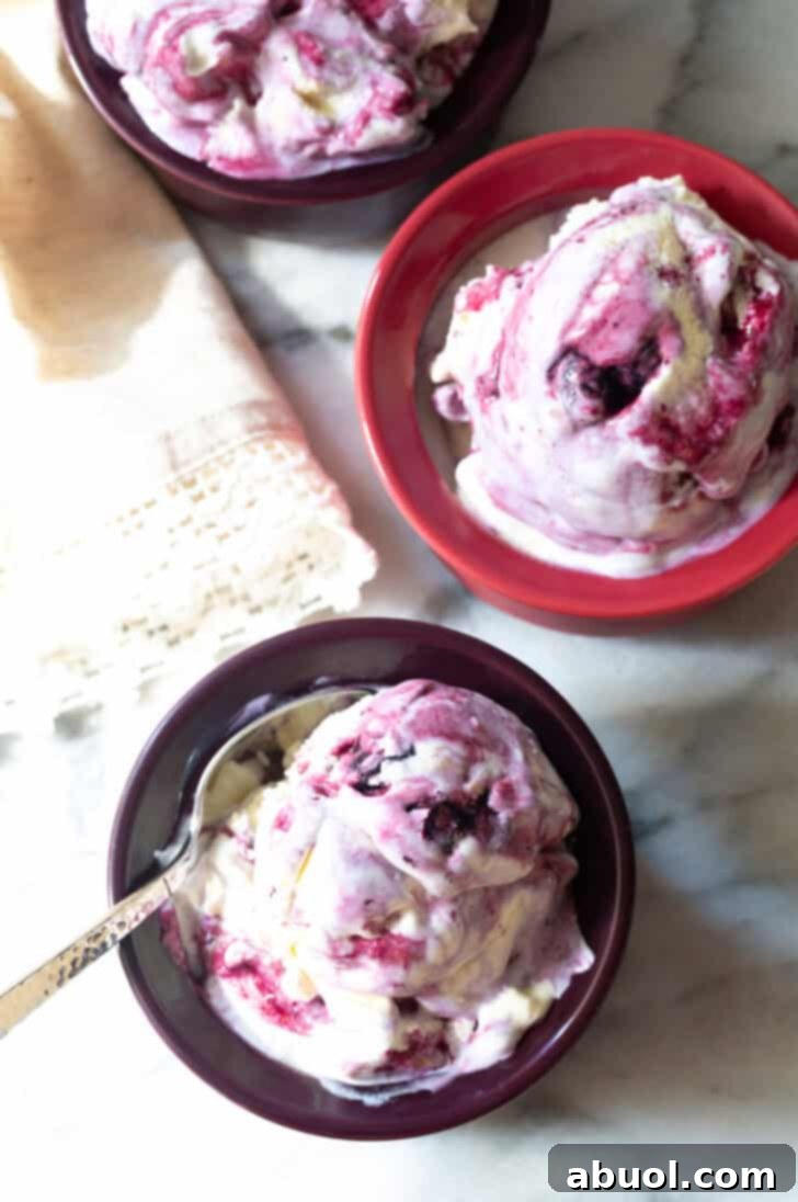Top down view of three bowls of blueberry ice cream with spoons, garnished and ready for serving.