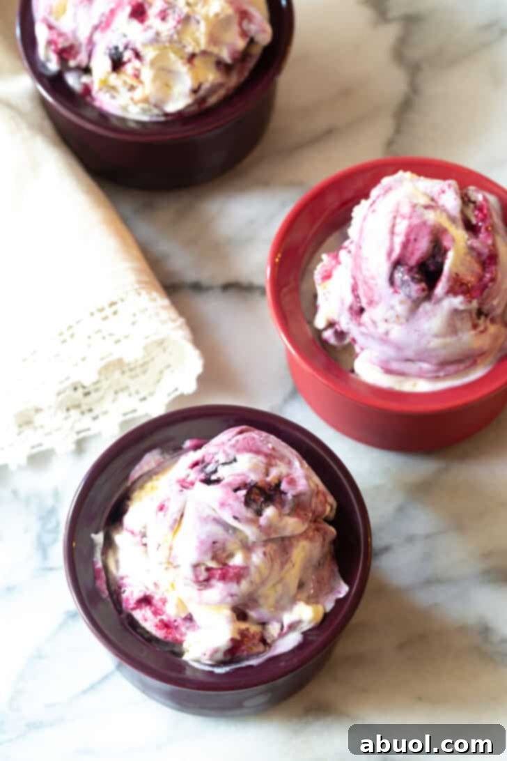 Top down view of three bowls of blueberry ice cream with spoons, ready to be enjoyed.