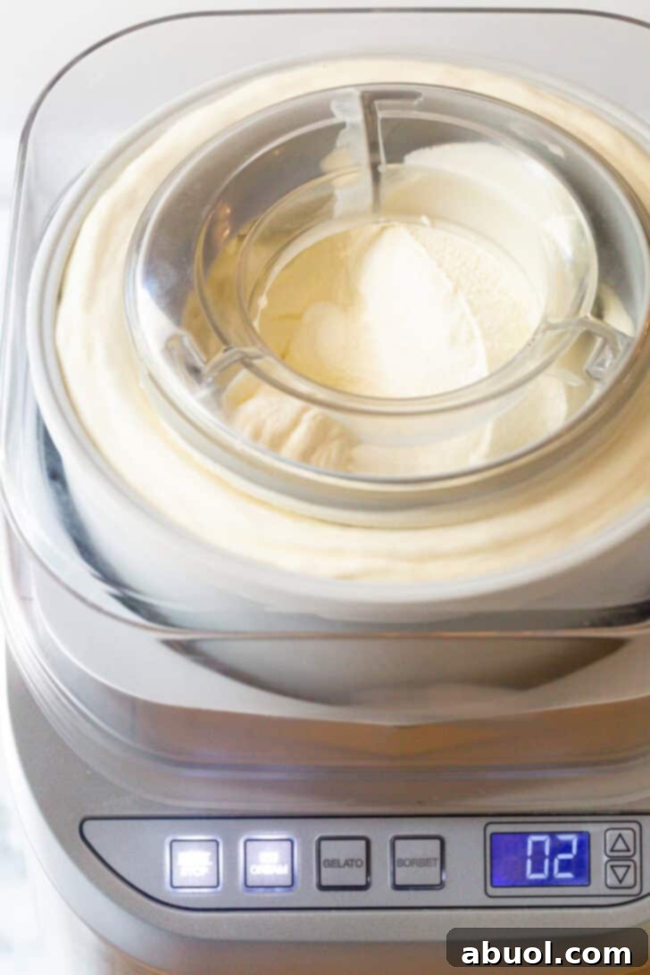 Ice cream maker churning a creamy vanilla base, demonstrating the churning process.