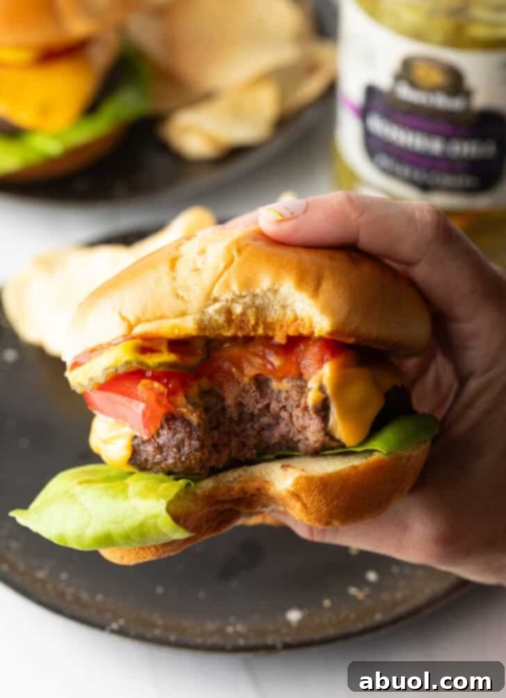 Air Fryer Burger Perfection 11 Hand holding a hamburger to camera, with bite taken out.