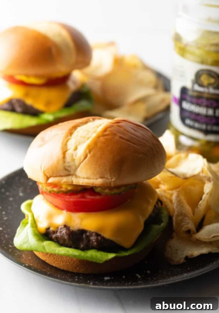 Air Fryer Burger Perfection 4 Aair fryer hamburger loaded with cheese, lettuce, tomatoes and pickle slices on a plate with potato chips.