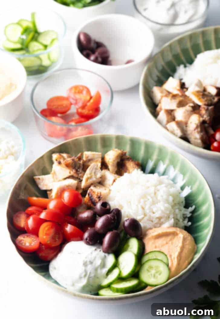 An overhead shot of an artfully arranged Greek chicken bowl, highlighting all its delicious components.