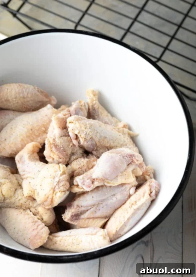 Close-up of raw chicken wings meticulously arranged in a white mixing bowl, ready for seasoning and preparation.