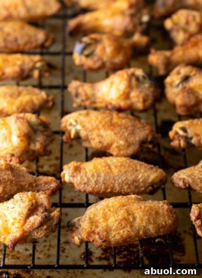 Multiple rows of unseasoned chicken wings laid out on a wire rack, demonstrating proper spacing for optimal crispiness.