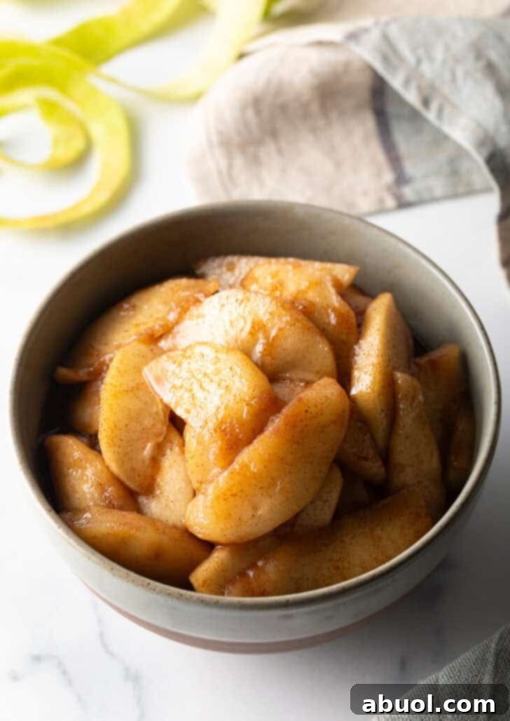 Serving of spiced apples in classsic gray bowl.