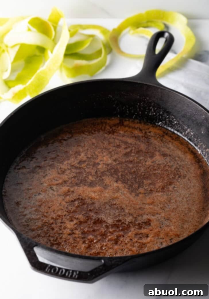 Caramelized sugar in a cast iron skillet.