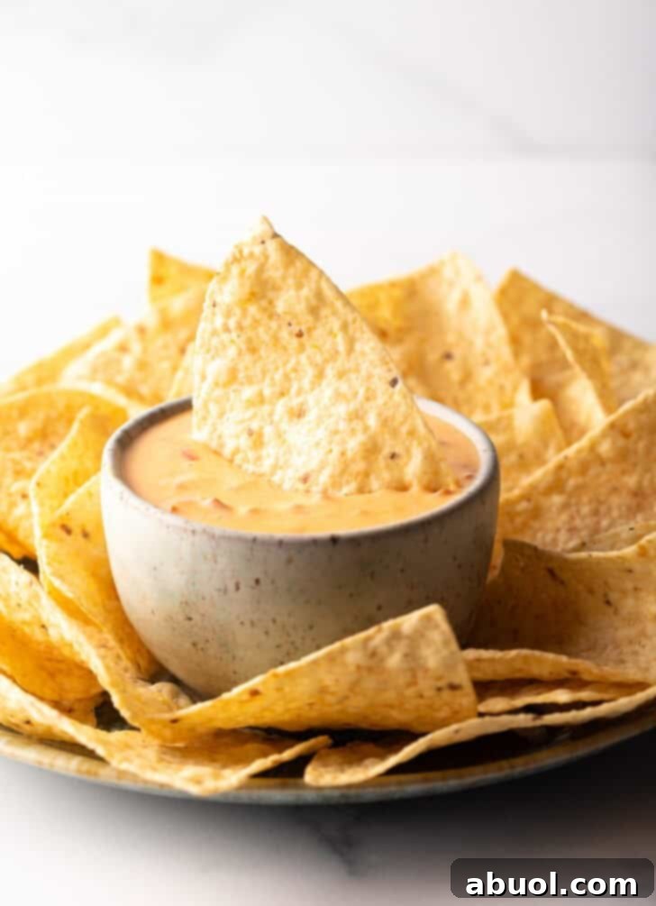 A tortilla chip being dipped into a white bowl of smooth Velveeta cheese dip, surrounded by a pile of golden tortilla chips.