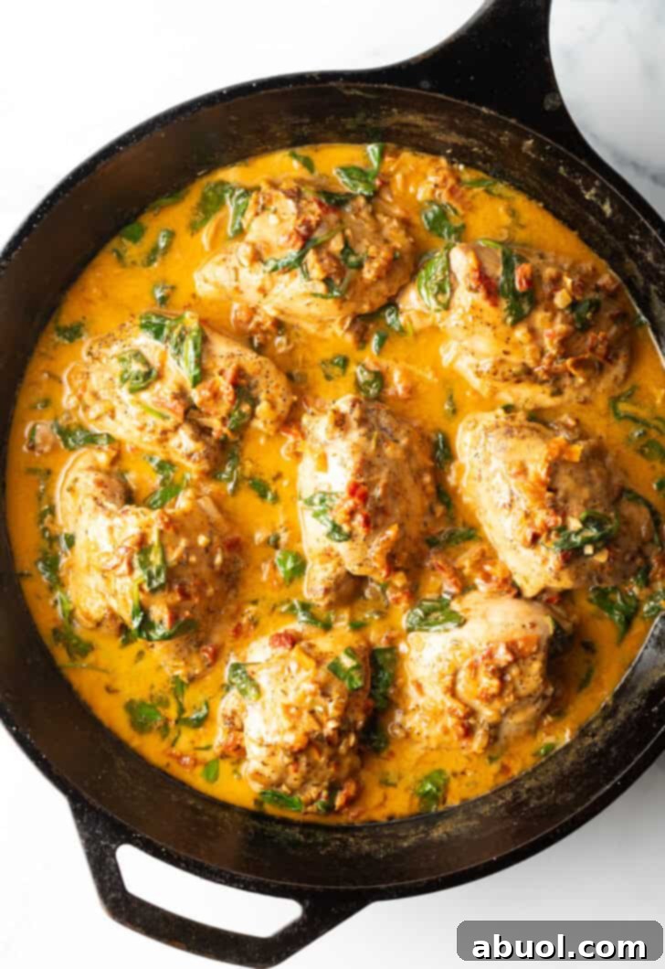 Tuscan Cream Chicken Delights 12 Top-down view of a cast iron skillet, abundantly filled with golden-brown chicken thighs swimming in a rich and creamy Tuscan sauce, adorned with vibrant spinach and sun-dried tomatoes.