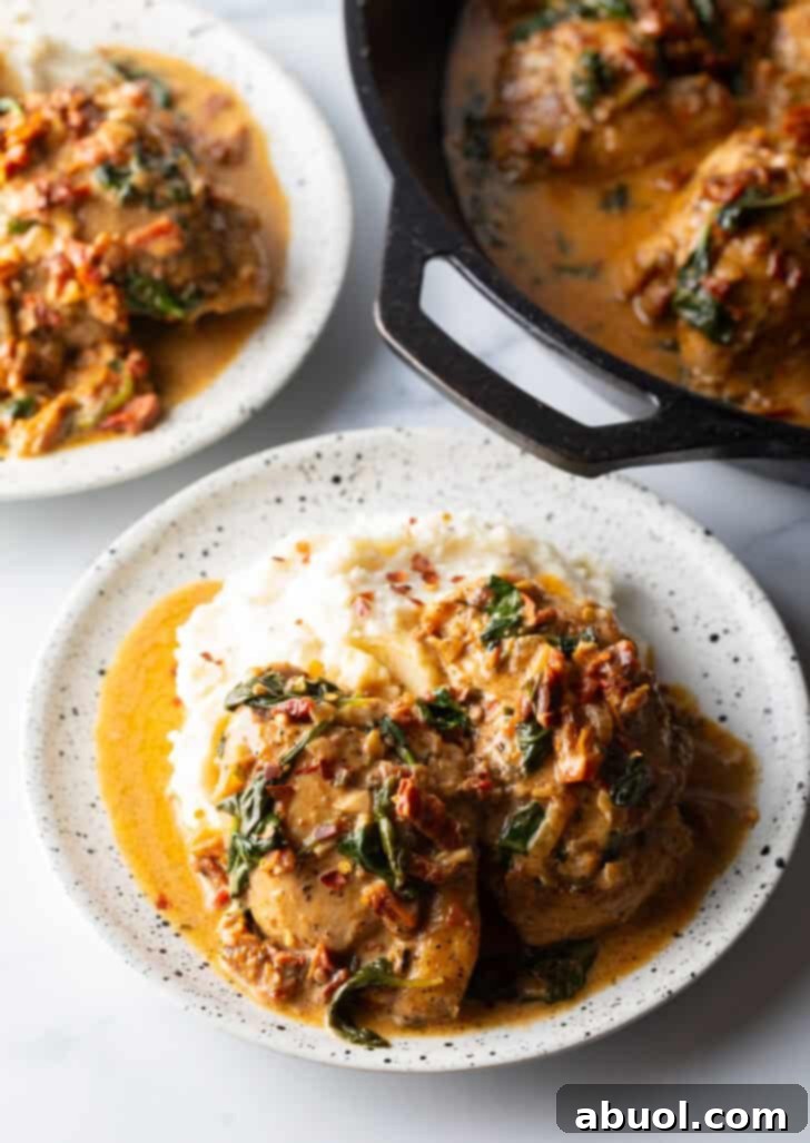 Tuscan Cream Chicken Delights 14 Two pieces of Creamy Tuscan Chicken on a plate, paired with fluffy mashed potatoes and covered in a rich, creamy sauce.