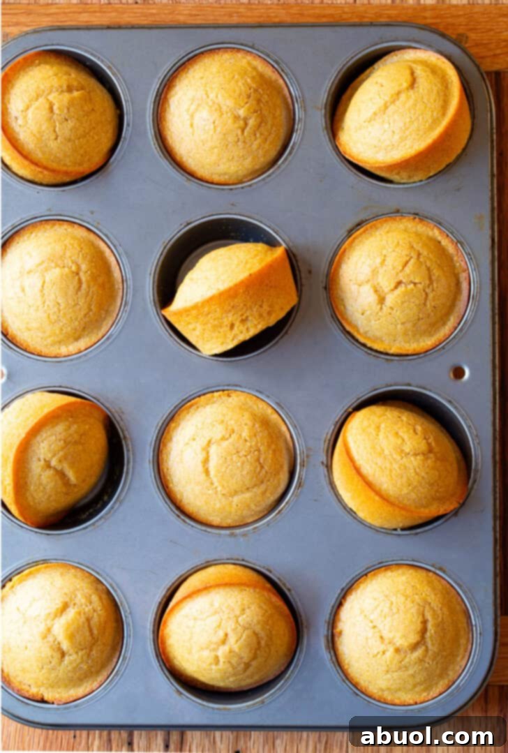 Top down view muffin tin with a dozen baked corn bread muffins.