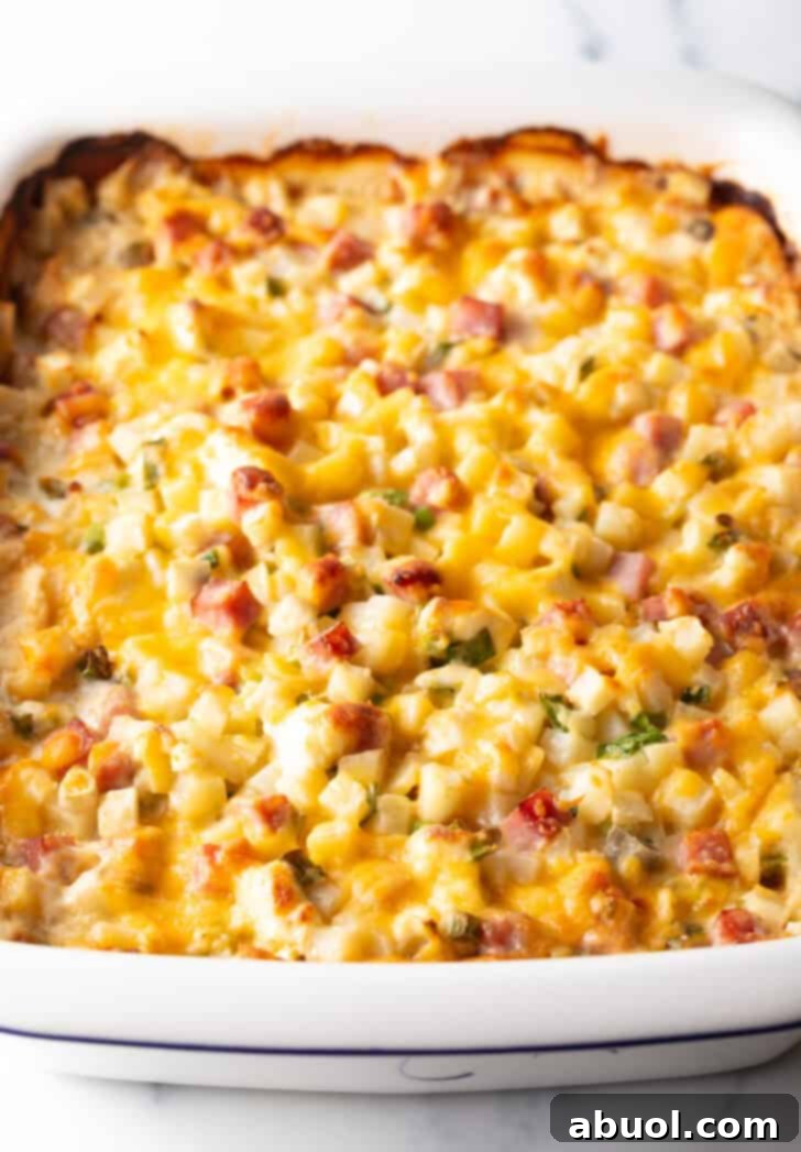 Perfectly baked ham and potato casserole, golden brown and bubbly, in a white dish, ready to serve.