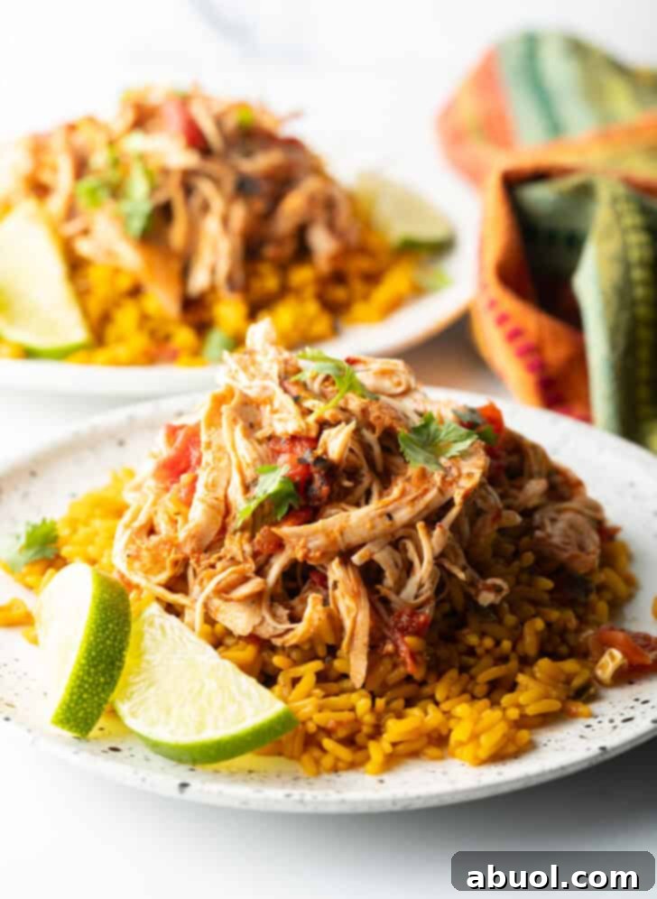 Mound of zesty shredded Mexican chicken on a plate with Spanish rice and lime wedges, showcasing its vibrant appeal.