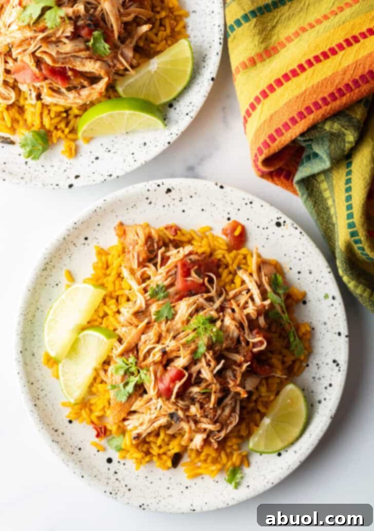 Top down view of a mound of zesty shredded Mexican chicken beautifully presented on a plate with Spanish rice and lime wedges, emphasizing its culinary appeal.