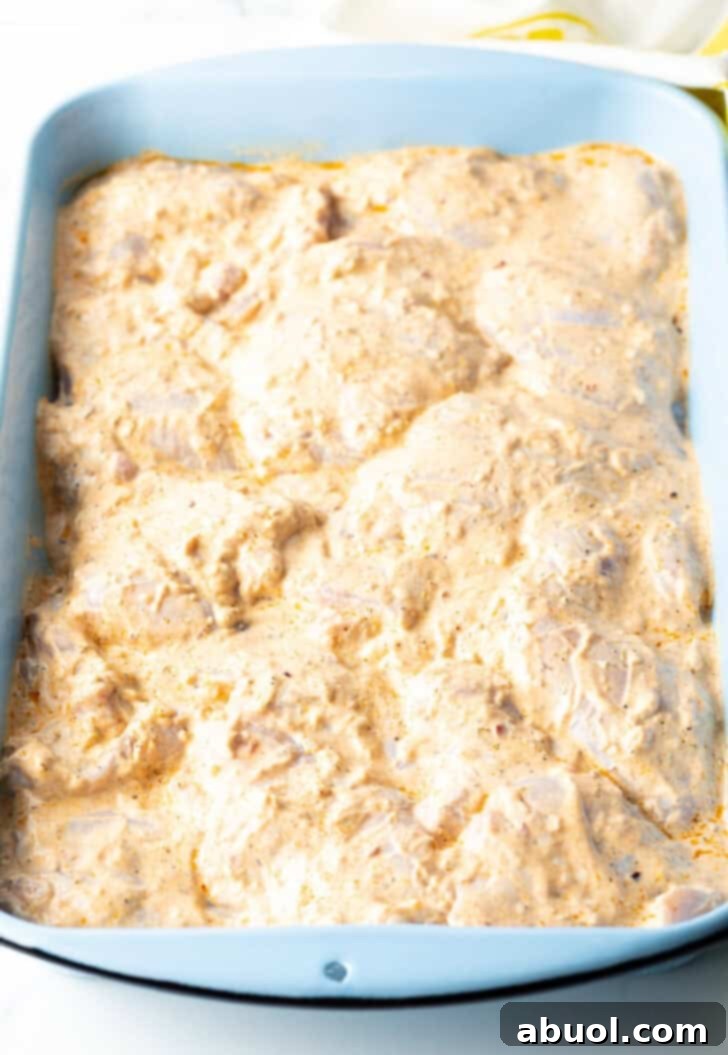 Chicken pieces marinating in a Greek yogurt marinade, in a blue rectangular baking dish.