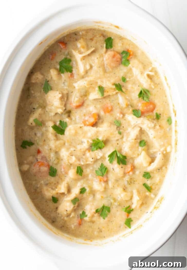 White crock pot with chicken and dumplings sprinkled with fresh parsely.
