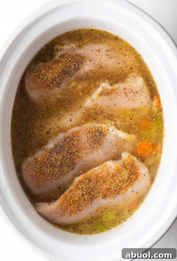 4 raw chicken breasts in a white slow cooker with broth.
