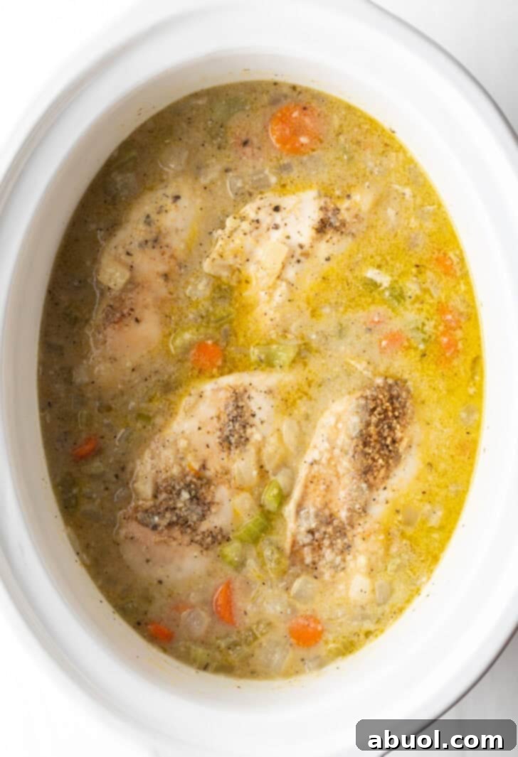 Cooked chicken breasts in a slow cooker with broth and carrots.