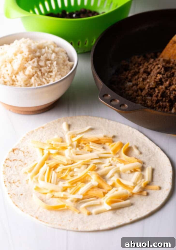 Open-faced flour burrito with shredded cheese.